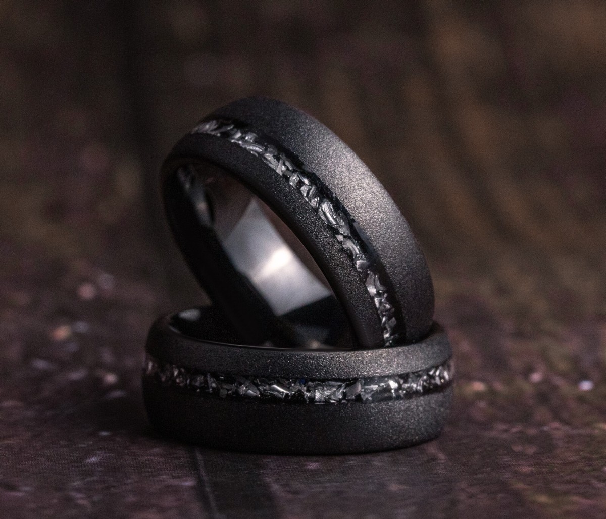 Premium Meteorite Black Tungsten Ring, Unique Men's Wedding Band Wooden Box