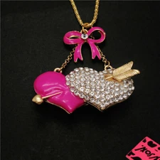 New Holiday gifts Rose Enamel Arrow Double Heart Bow Sweater Chain Necklace