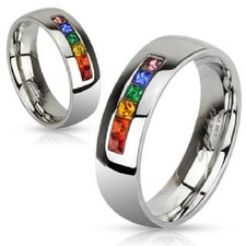Centered String of Rainbow Color Gems Band Ring Stainless Steel