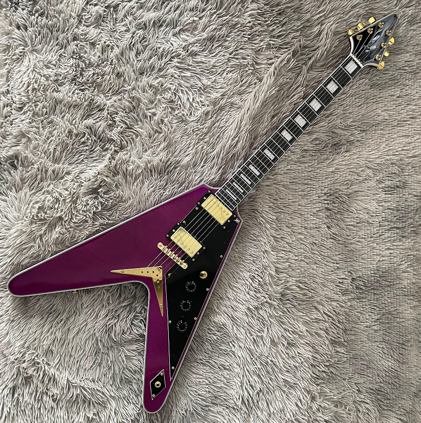Custom Flying V Electric Guitar Purple Flamed Maple Top Strings