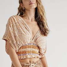 Free People Next Vacation Top Smocked Orange Cotton Boho Women’s Large