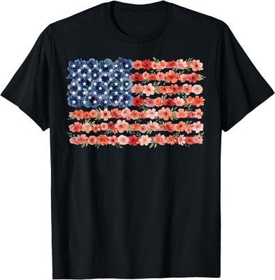 Floral American Flag Flowers Wildflowers 4th of July T-Shirt , UNISEX Tee