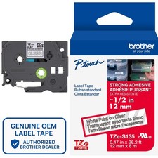 Genuine Brother TZe-S135 Strong Adhesive White on Clear 12mm 1/2" Label Tape