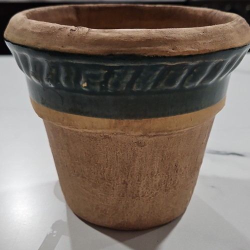RPW Round Clay Planter Brown Green Rim Drainage Hole Pottery USA