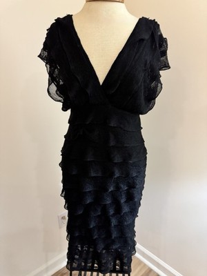 Max Studio Black Knit Sheath Dress Ruffle Layered Flutter L Elegant Vintage Y2K