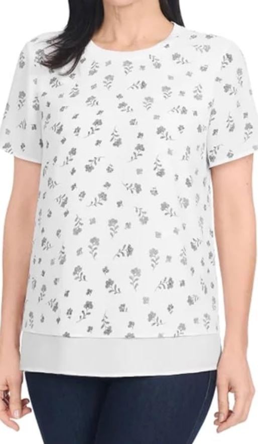 Hilary Radley Two-Layer Printed White T-Shirt, Off White & Black, Medium