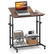 Mobile Stand up Desk w/ Tilting Tabletop Storage Shelves Wheels for Living Room