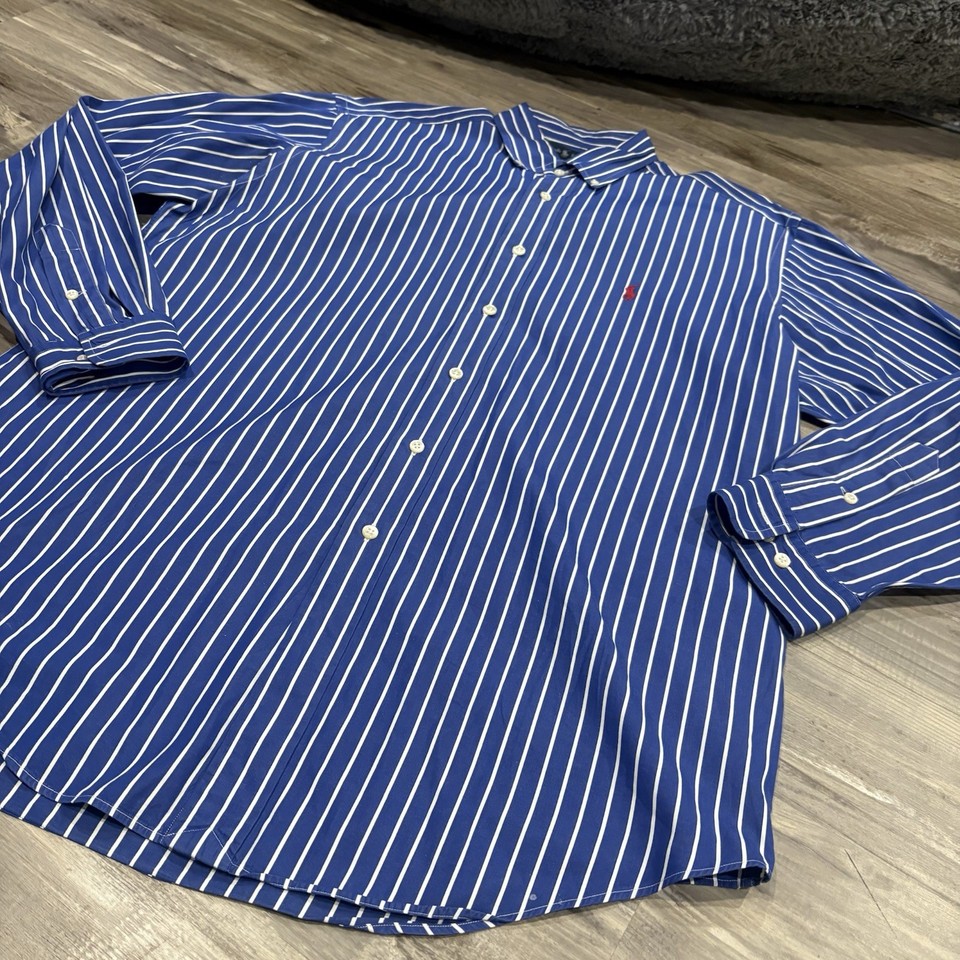 Ralph Lauren Classic Fit Mens Stripe Blue Cotton Button-Up Shirt SZ 16L ...