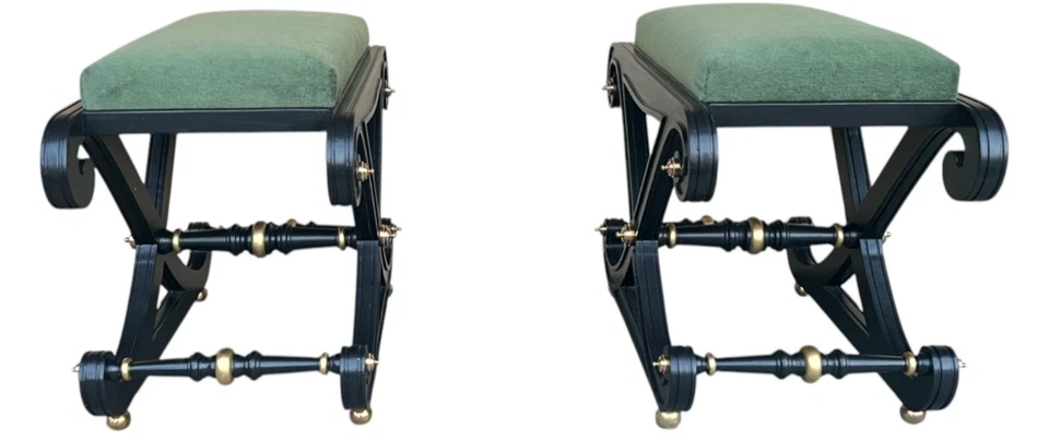 Par de bancos Hollywood Regency años 70 - mohair terciopelo oliva, base X, Foto 4 de 4