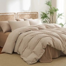 Gingham Duvet Cover Queen Size 100 Washed Cotton Brown Tan Plaid Checkered C...