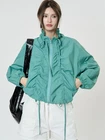 French Style Womens Drawstring Pleated Spring Short Coat Outwear Thin Jacket Zip