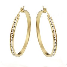 CZ Gold IP Hoop Earrings 46mm Round Stainless Steel Channel Set 2mm Clear Stones