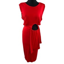 BB DAKOTA Red Peek My Interest Waist Cutout Dress Midi Sleeveless Chic Size M