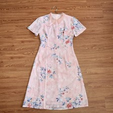 Pink Flora Aodai Qipao Midi Dress Chinese Traditional Cheongsam