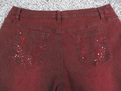 DG2 Diane Gilman Jeans Womens 14P Burgundy Red Rhinestone Stretch Denim 33x28