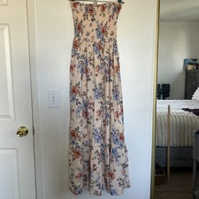 Zesica Strapless Smocked Top Maxi Dress Women's Size S Floral Beige Sundress