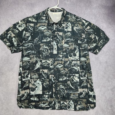 Columbia PFG Vented Fishing Shirt Mens Medium Black Warm Gray Fish Print