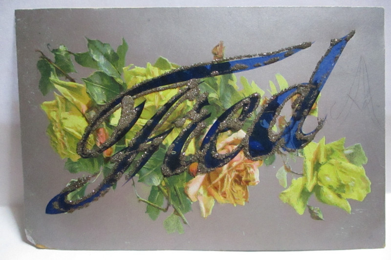 1910 POSTCARD NAME, FRED, YELLOW ROSES, GLITTER TRIM