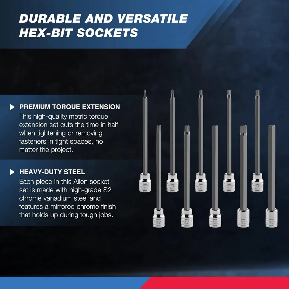 10077A 3/8” Drive Metric Extra Long Allen Hex Bit Socket Set | 10 Pieces | Si... - Image 2 of 4