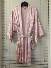 Victoria  s Secret Pink White Stripe Satin Robe Kimono Lingerie Sleep Women  s S/M