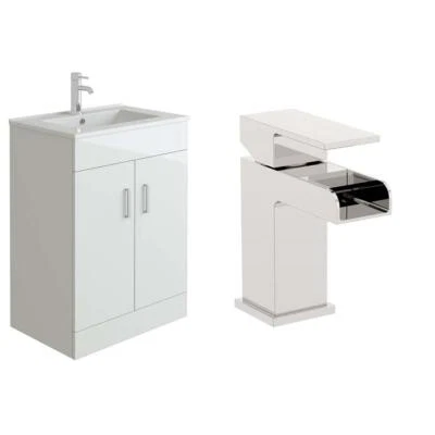 Vanity Unit Sink Basin Bathroom Furniture Set 600 White & Waterfall Mixer Tap