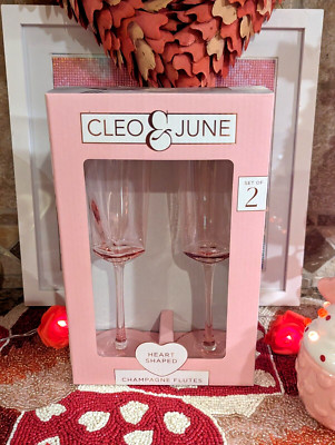 2-Pink Heart Shaped CHAMPAGNE FLUTE Glasses Wedding Valentines Love Celebration