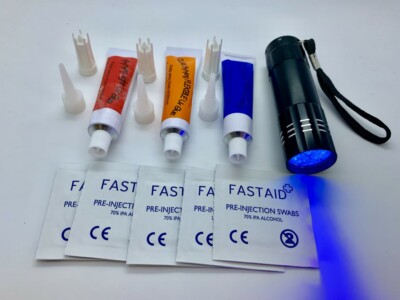 Kit Colle Résine UV Super Flexi Bleue 30ml Pour Montage De Mouches + Torche LED 9 LED Olax