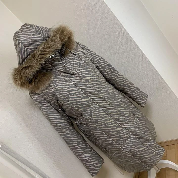 BALMAIN Nylon Zebra Pattern Hoodie Women s Down Jacket Size M Gray USED