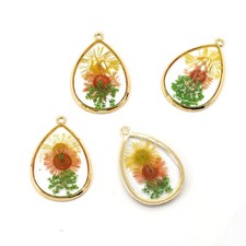 Clearance 8PCS Gold Tone Dried Flower Resin Teardrop Shape Charm Pendant GBY920
