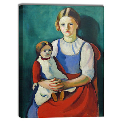 Macke blondes Mädchen mit Puppe Bild Druck Leinwand Gemälde Rahmen Wohnkultur