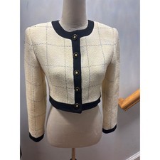 Unbranded Cropped Tweed Jacket Womens S Cream Black Windowpane Boucle