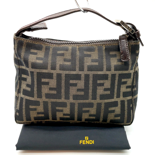 Auth FENDI Zucca PatternKhakiBrown Canvas/Leather Mini Handbag WDustbag i010635