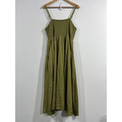 Uncharted Threads Babydoll Smocked Linen Blend Midi Dress Cottagecore Womens XL