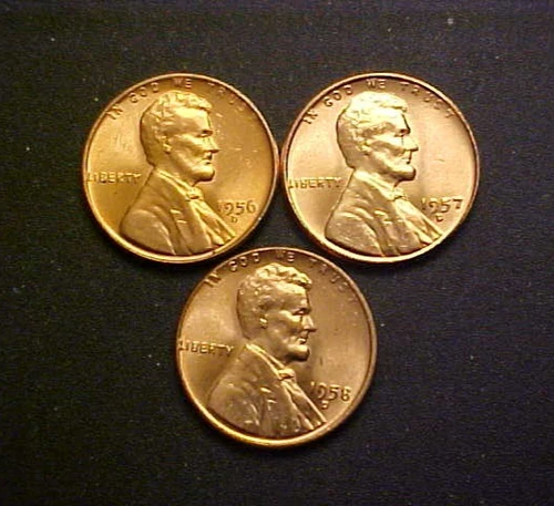 1956-57-58-D Set CH BU RED Lincoln Wheat Cents-3 Great Collector Coins-c6965xux