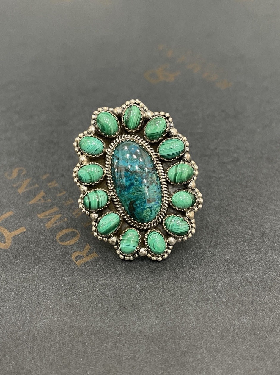 Malachite Cluster Ring Sterling Silver Center Sto… - image 1