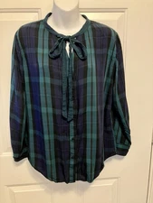 Women’s RAILS Corrine Navy Blue Green Plaid Button Up Shirt Small Holiday Top