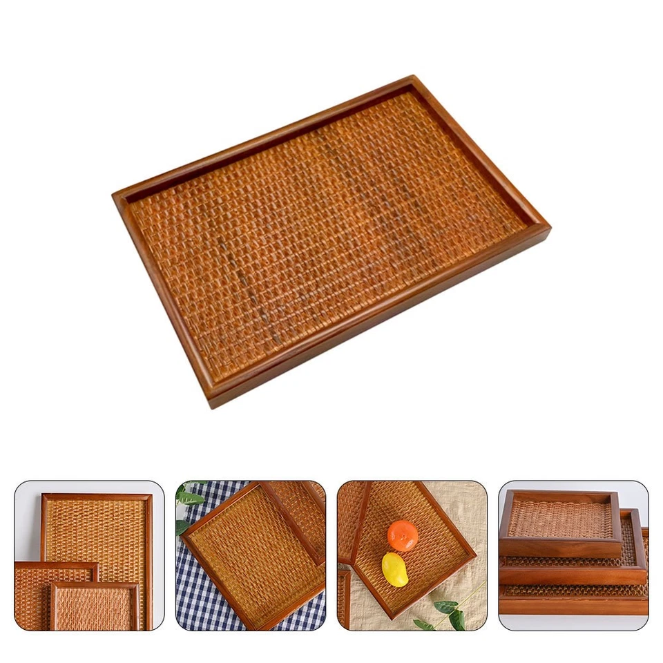 1Pc Rectangular Food Tray Store Tray Rattan Woven Tea Plate Brown