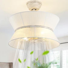 20" Rattan Boho Ceiling Fans with Lights, Caged White Fandelier Ceiling Fan with