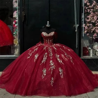 sweet 16 burgundy dresses Glitter Quinceanera Bow Gold Lace Princess Ball Gowns royal red dark red quince dresses