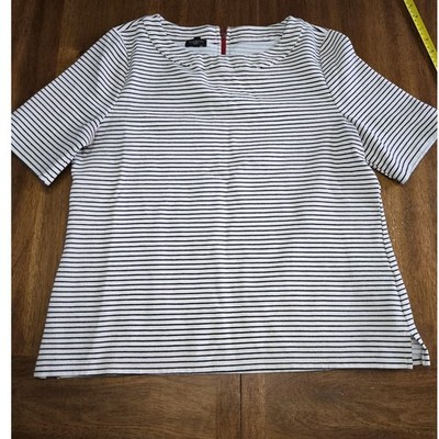 Talbots Petites XLp Striped Short Sleeve Top Navy White Red Back Zip Textured