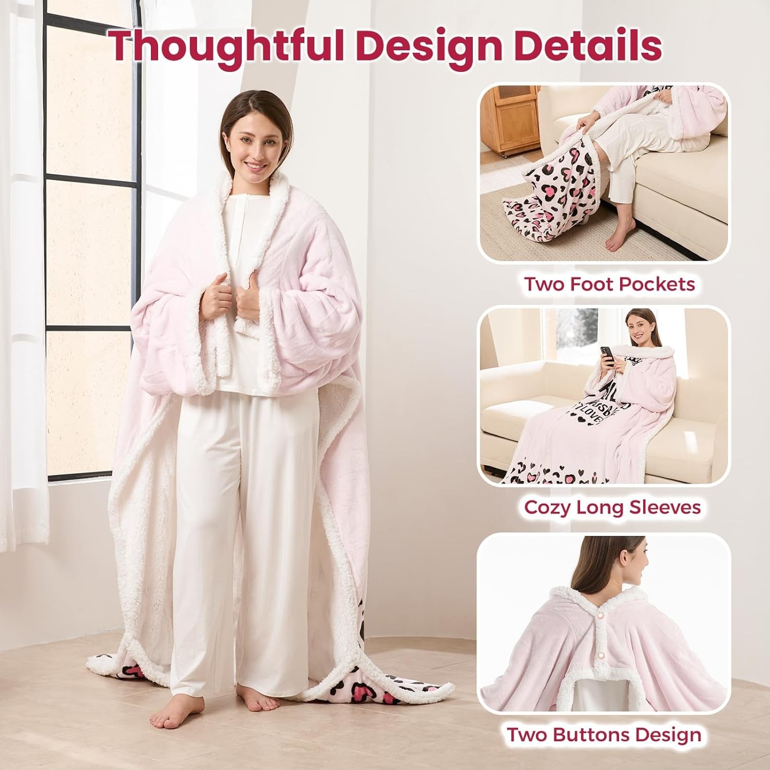 Wearable Heated Blanket with Sleeves Foot Pocket Electric Throw for Women Gift