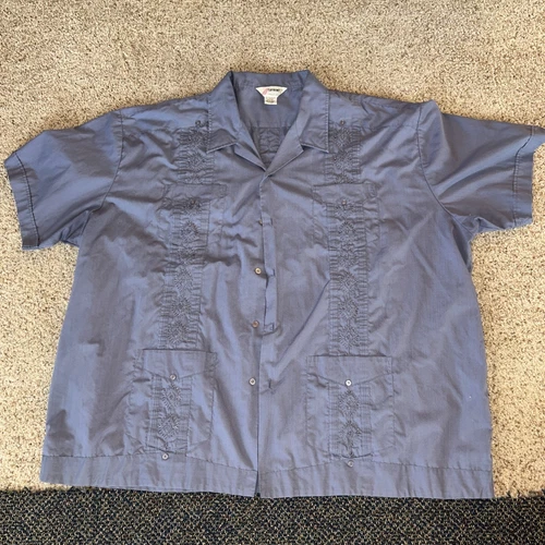 Camicia Vintage Supreme Guayabera Uomo 3X Blu Ricamato Pieghettato Cubano Caraibi