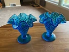 2 Vintage Fenton Glass Colonial Blue Hobnail Ruffled Footed Small Bud Vase  4”
