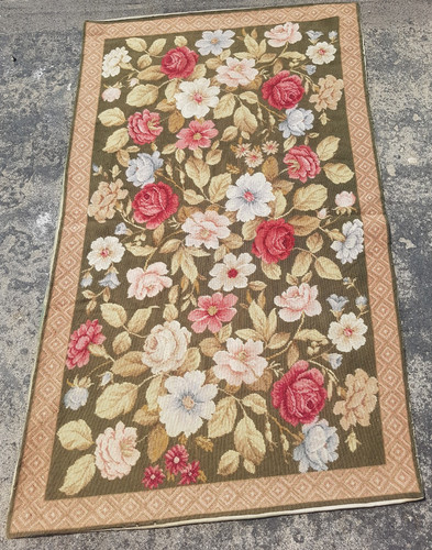 Vintage French Floral Needlepoint Handmade Multicolor Rug Wool Carpet 144x86 cm