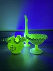Vintage Fenton Custard Glass Vase, Dish, & Bowl Vibrant Green Glow. Hand Painted