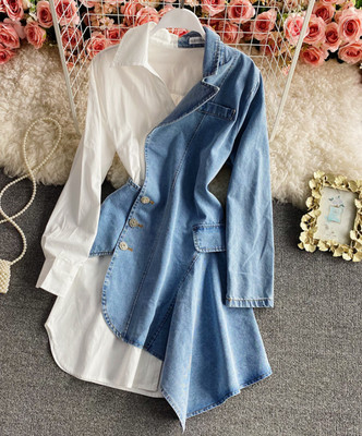 Irregular Denim Sleeved Stitching Long Shirt Slim Fashion Put Together Dresses