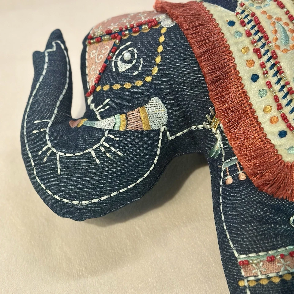 Elephant Pillow NWT Embroidery Beaded Tassel Fringe Boho Decor Global India Gift - Image 3 of 4