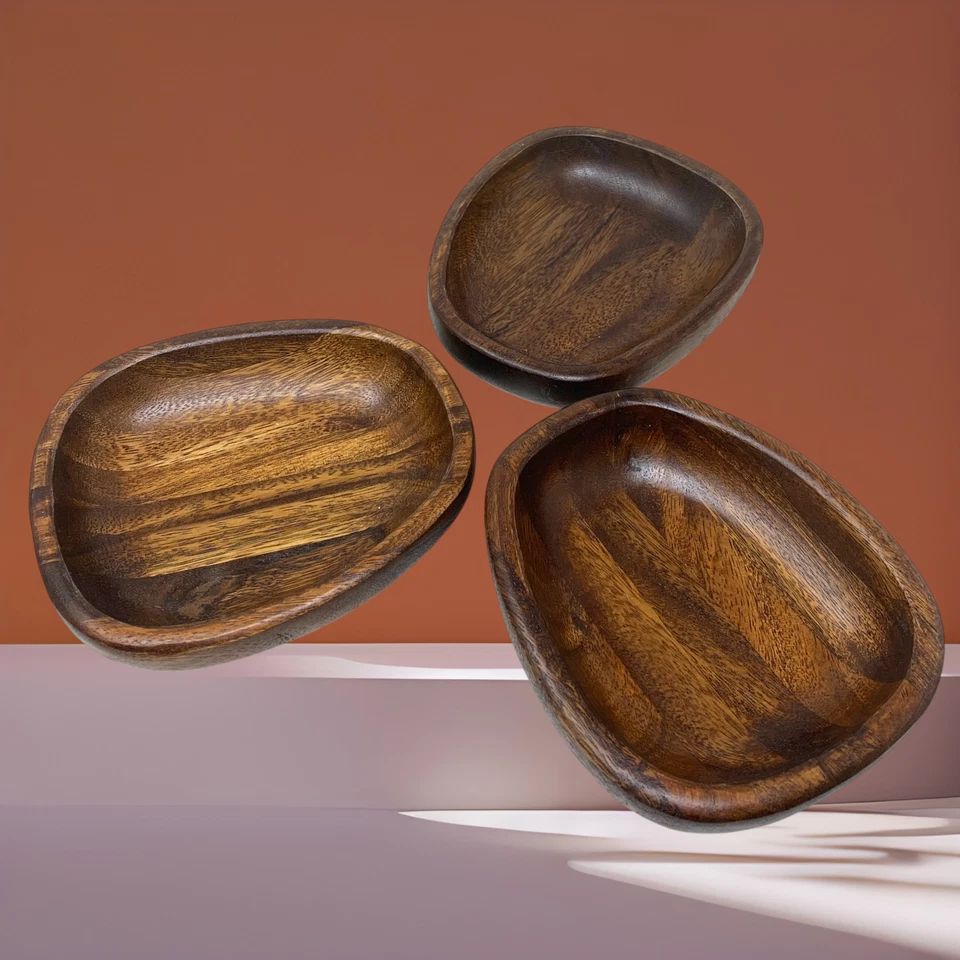 Lote De Colección 3 x Cuencos De Madera Forma Libre Caja y Barril 7" Tailandia Mesa Modernista Foto 2 de 4