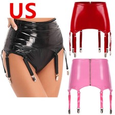 Womens Clubwear with 8 Metal Clip Wetlook PVC Leather Garter Belt Performance