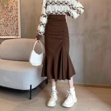 Lady Corduroy Fishtail Skirt Irregular Slim Midi Skirt Ruffle High Waist Fashion